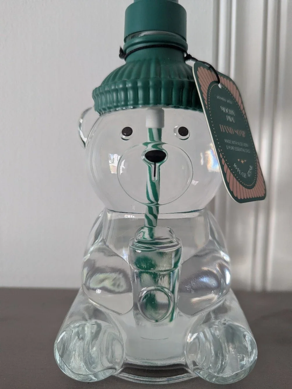 Glass Bear Cup Soap Dispenser with Green Straw Lid